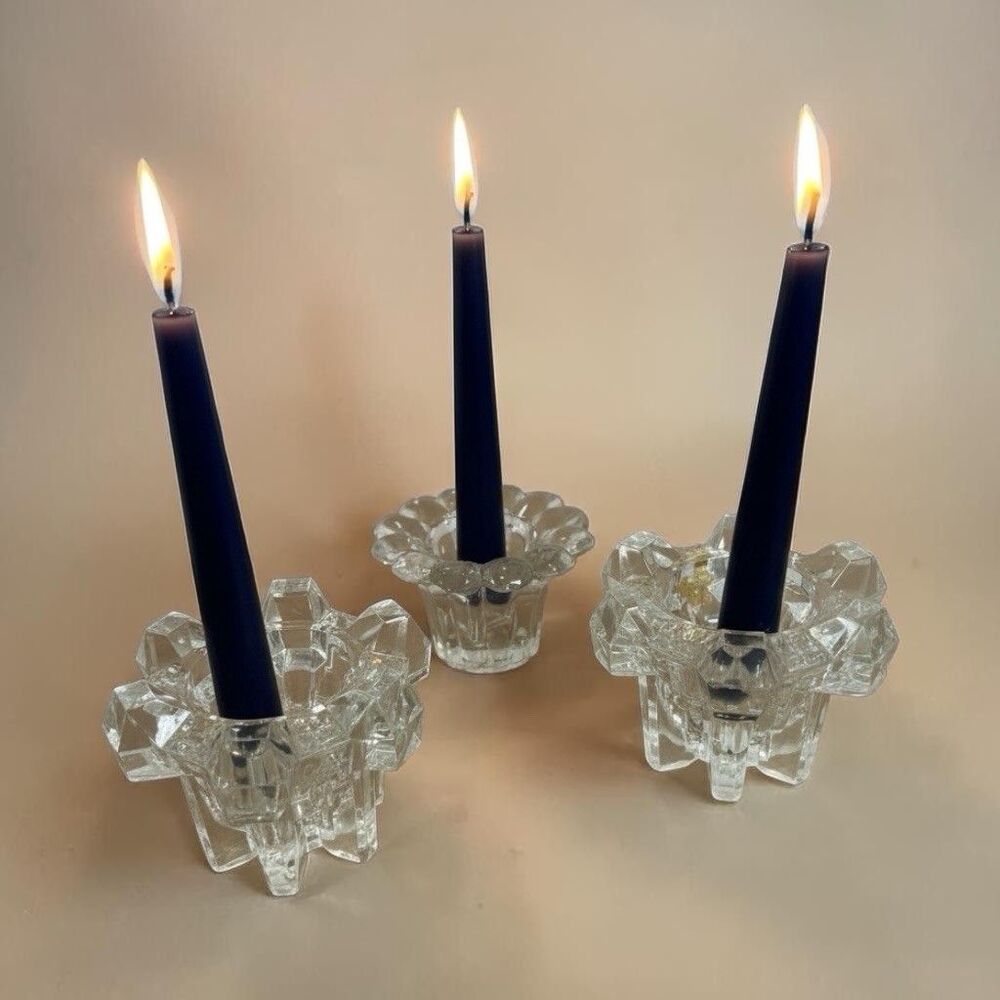 Vintage Heavy Clear Glass Candle Holders Set of 3 – Germany – Taper Stick Style